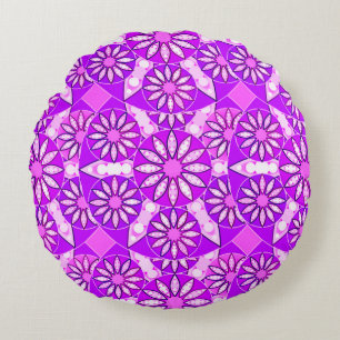 Cojín Redondo Patrón de Mandala, violeta, orquídea y rosa