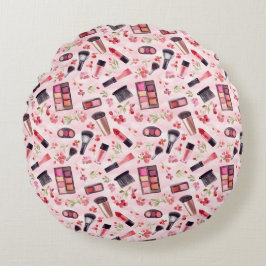 Cojín Redondo Patrón de maquillaje acuarela con encanto femenino