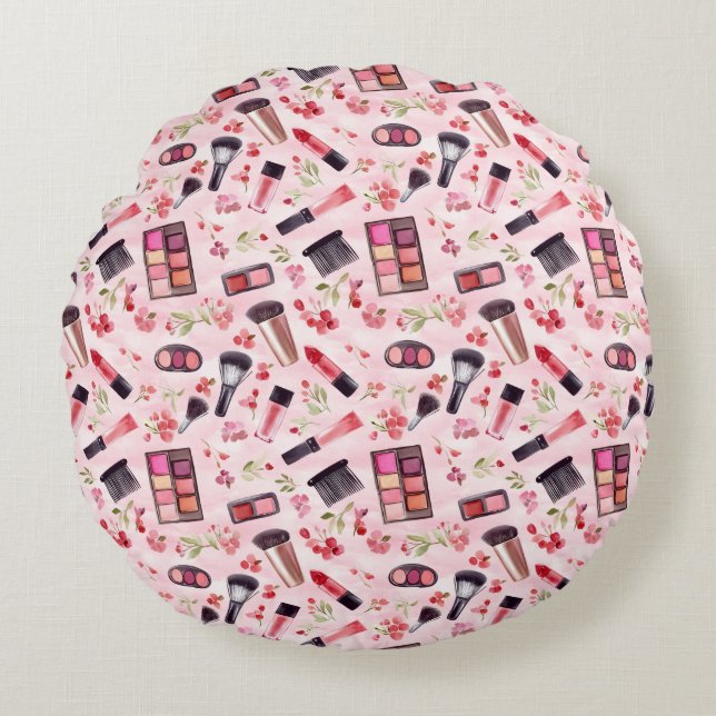 Cojín Redondo Patrón de maquillaje acuarela con encanto femenino (Anverso)