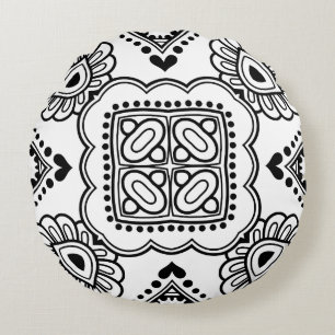Cojín Redondo Patrón de marco de mandala en blanco y negro