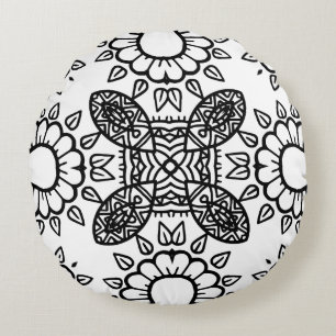 Cojín Redondo Patrón de marco de mandala en blanco y negro
