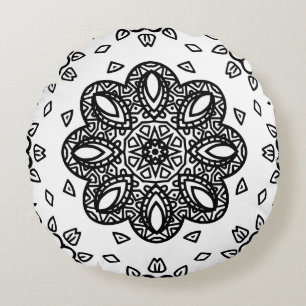 Cojín Redondo Patrón de marco de mandala en blanco y negro
