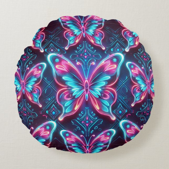 Cojín Redondo patrón de mariposa de neón (Anverso)