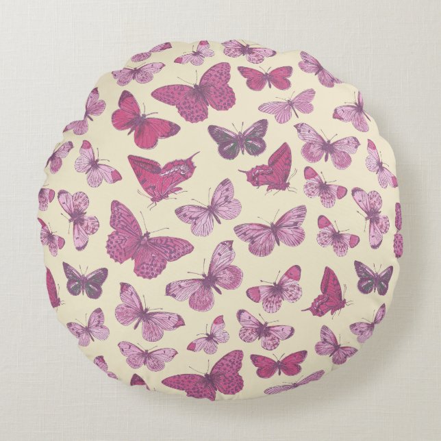 Cojín Redondo Patrón de mariposa rosada en beige (Anverso)