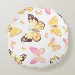 Cojín Redondo Patrón de mariposas amarillas y rosadas en acuarel