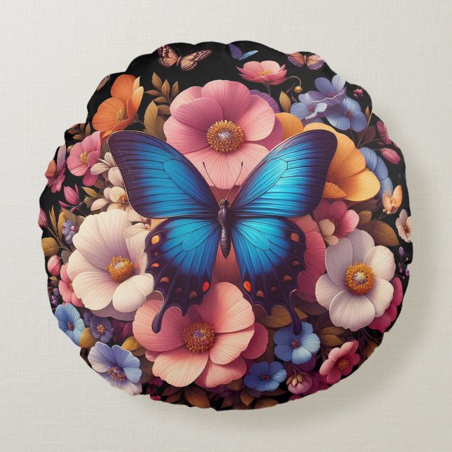 Cojín Redondo Patrón de mariposas y flores (Anverso)
