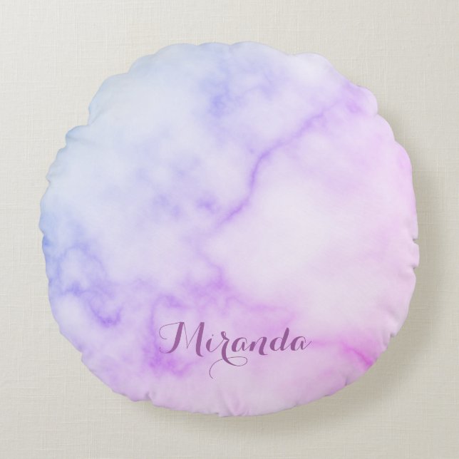 Cojín Redondo Patrón de mármol arcoiris con nombre personalizado (Anverso)