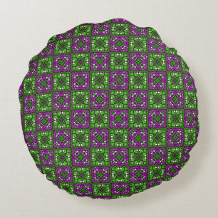 Cojín Redondo Patrón de mosaico floral retro verde y púrpura