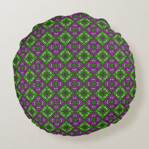 Cojín Redondo Patrón de mosaico floral retro verde y púrpura