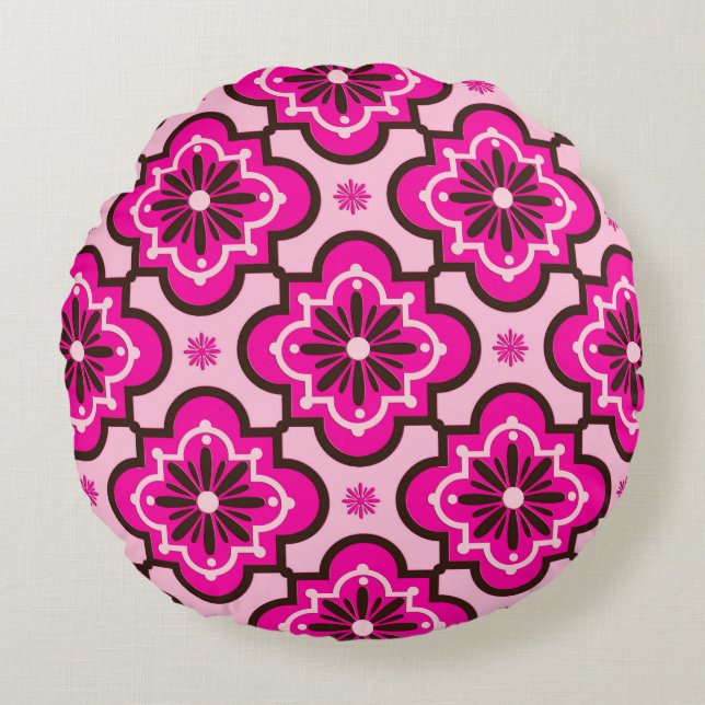 Cojín Redondo Patrón de mosaico marroquí, rosa y negro fucsia (Anverso)