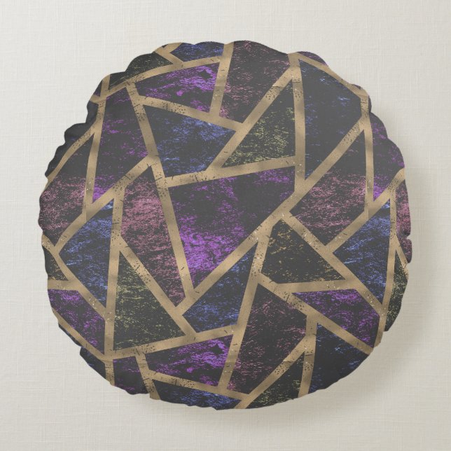 Cojín Redondo Patrón de mosaico morado y dorado (Anverso)