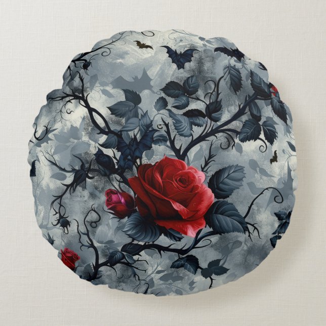 Cojín Redondo Patrón de murciélagos y Rosas de Gótico (Anverso)