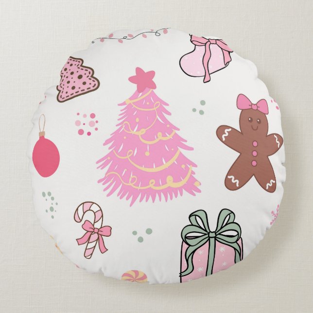 Cojín Redondo Patrón de Navidad Rosa (Anverso)