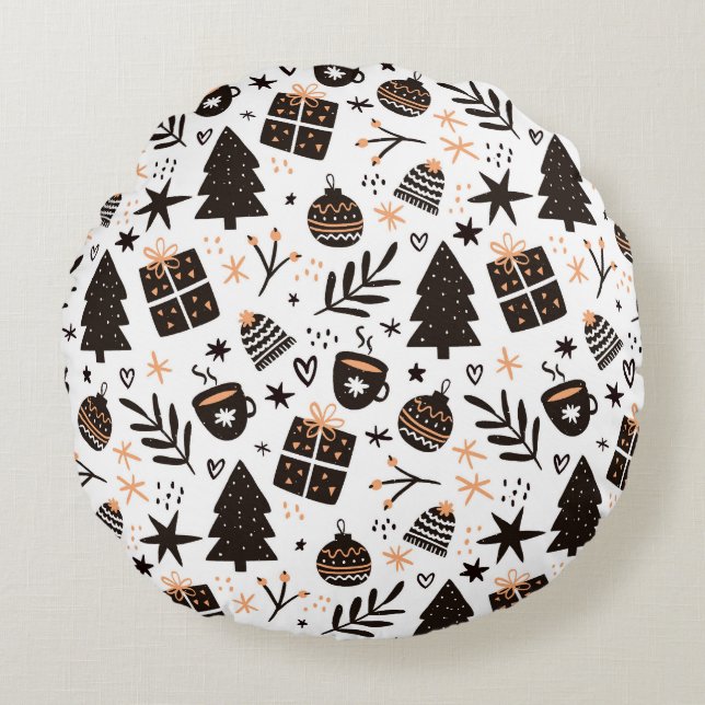Cojín Redondo Patrón de Navidades blancos y negros (Anverso)