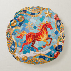 Cojín Redondo Patrón de Navidades de Caballos Rojos Fiery de Año