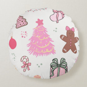 Cojín Redondo Patrón de Navidades rosados