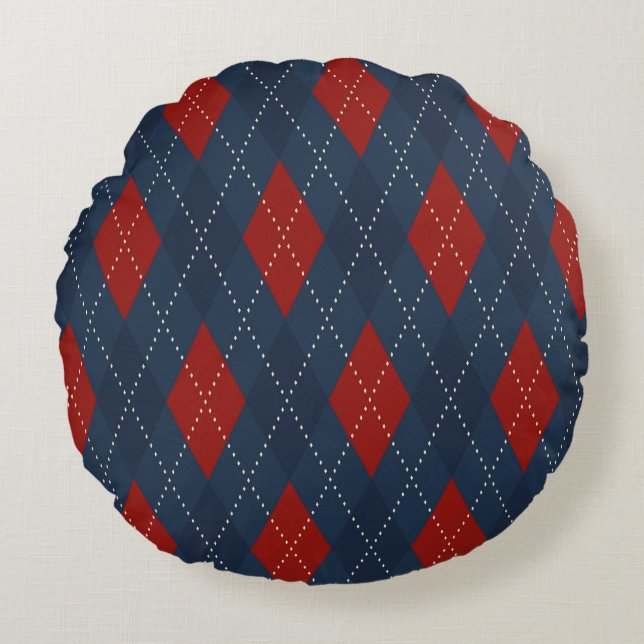 Cojín Redondo Patrón de Navidades Royal Blue Argyle (Anverso)