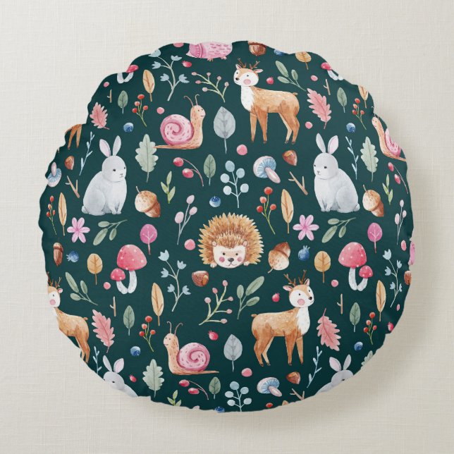 Cojín Redondo Patrón de niños del bosque de hadas acuarelas (Anverso)