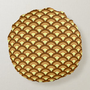 Cojín Redondo Patrón de ondas Art Deco - chocolate y amarillo
