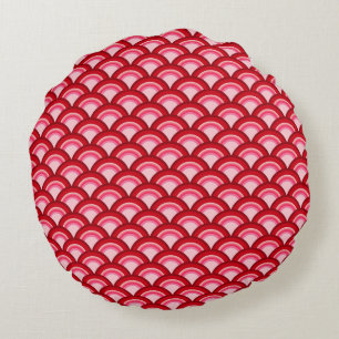 Cojín Redondo Patrón de ondas Art Deco - rojo y fucsia