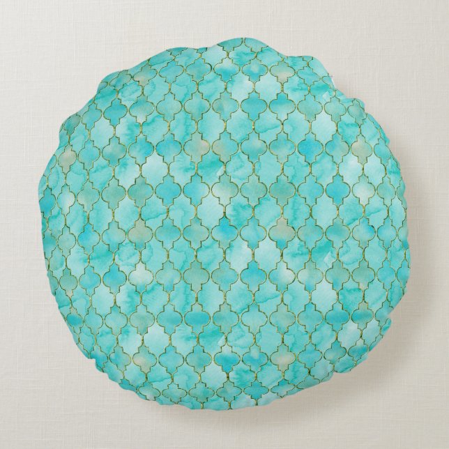 Cojín Redondo Patrón de oro y Aqua Maroccan (Reverso)