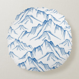 Cojín Redondo Patrón de paisajes de montaña dibujado a mano.