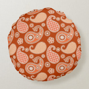Cojín Redondo Patrón de paisley, Naranja mandarín y blanco