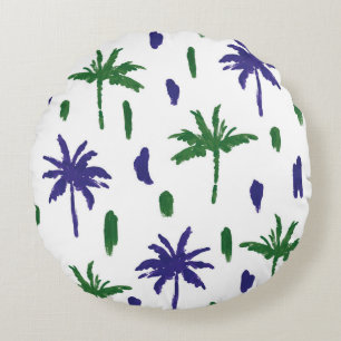 Cojín Redondo Patrón de palma verde azul de la marina