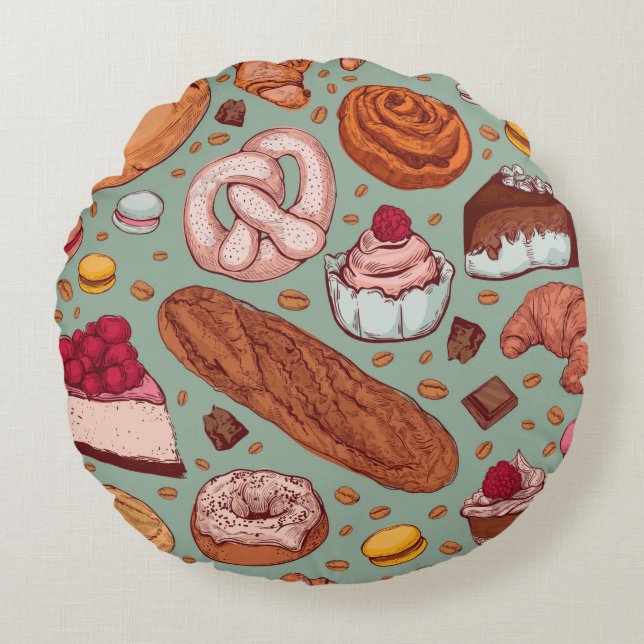 Cojín Redondo Patrón de panadería de dibujo a mano. Diferencia (Anverso)