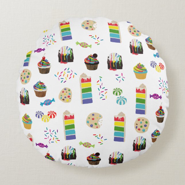 Cojín Redondo Patrón de pasteles arcoiris y salpicaduras (Anverso)