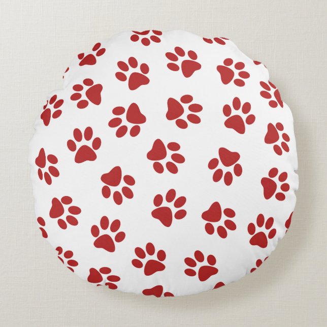 Cojín Redondo Patrón De Paws, Paws De Perro, Papas Rojas (Anverso)