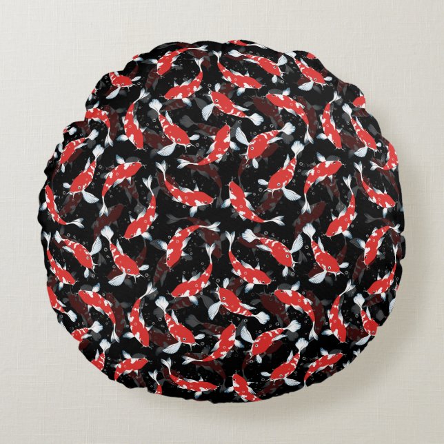 Cojín Redondo Patrón de peces de Koi Rojo (Anverso)
