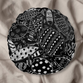 Cojín Redondo Patrón de peces en blanco y negro Arte moderno