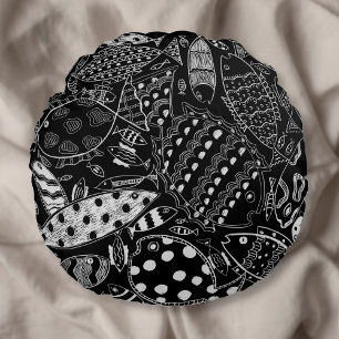 Cojín Redondo Patrón de peces en blanco y negro Arte moderno
