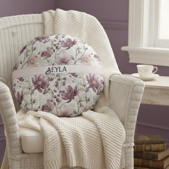 Cojín Redondo Patrón de periódico floral vintage (Subido por el creador)