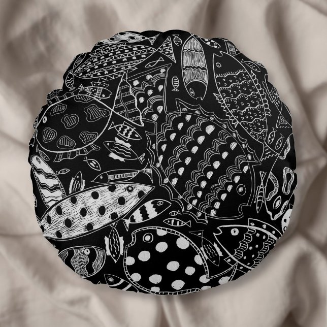 Cojín Redondo Patrón De Pescado Blanco Y Negro Arte Moderno (Subido por el creador)