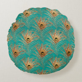 Cojín Redondo Patrón de plumas de pavo real purpurina