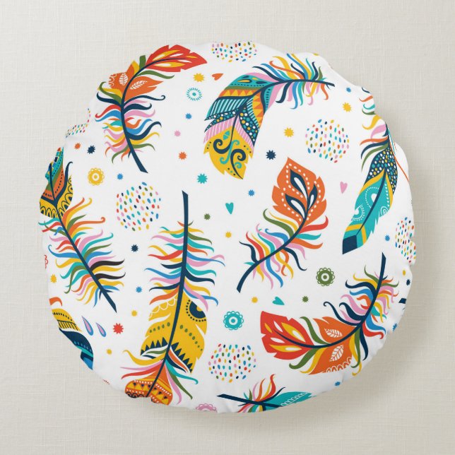 Cojín Redondo Patrón de plumas sin fisuras vintage en estilo boh (Anverso)
