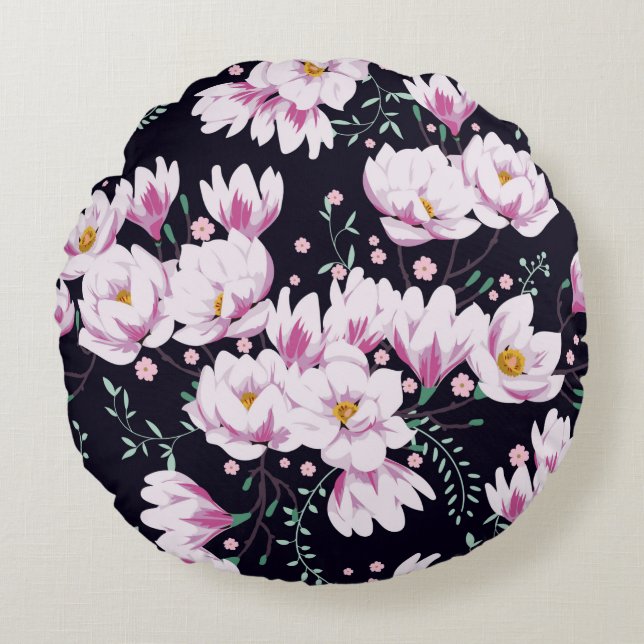 Cojín Redondo Patrón de primavera sin foco con magnolias. (Anverso)