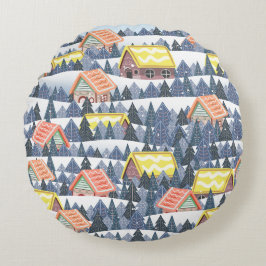 Cojín Redondo Patrón de pueblo de Navidades Snowley