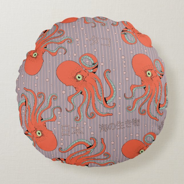 Cojín Redondo Patrón de pulpo japonés (Anverso)