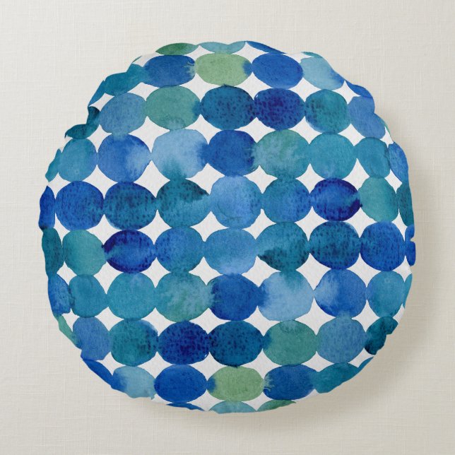 Cojín Redondo Patrón de puntos - azul y verde (Anverso)