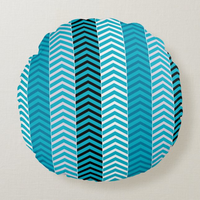 Cojín Redondo Patrón de rayas de chevron azul turquesa moderno (Anverso)