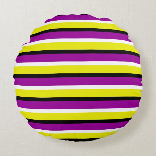 Cojín Redondo Patrón de rayas púrpura amarillo (Anverso)
