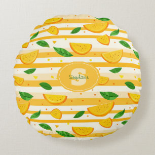 Cojín Redondo Patrón de rebanada de Naranja con hojas verdes