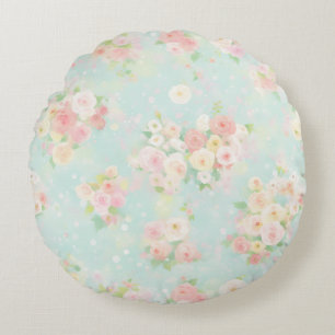 Cojín Redondo Patrón de Rosa de Pastel suave en fondo de Aqua