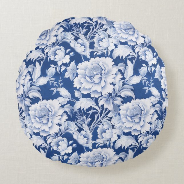 Cojín Redondo Patrón de rosa de repetición blanco/azul pálido (Anverso)
