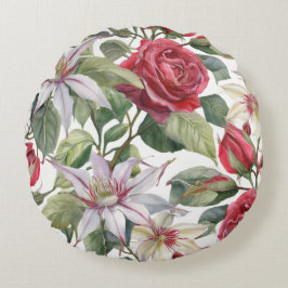 Cojín Redondo Patrón de rosas y clemátides, 16x16 pulgadas