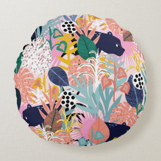 Cojín Redondo Patrón de selva sin soldadura con panteras, colori