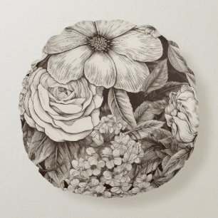 Cojín Redondo Patrón de Sepia Floral Vintage (1)